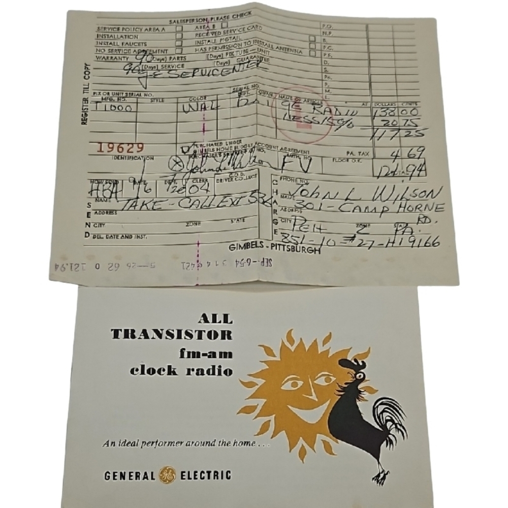 💛 1954 Vintage GE Transistor FM-AM Clock Radio Paperwork Ephemera